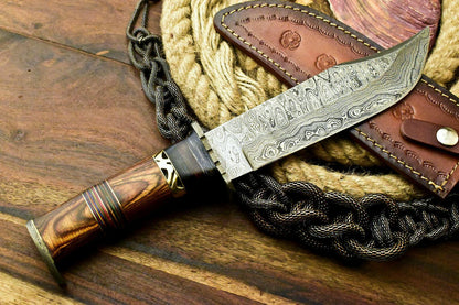 Custom Handmade Damascus Steel Bowie Hunting Knife | Hard Wood Handle, 12.5" Overall