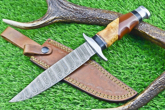 12 Inch Damascus Bowie Hunting Knife with Resin and Olive Wood Handle