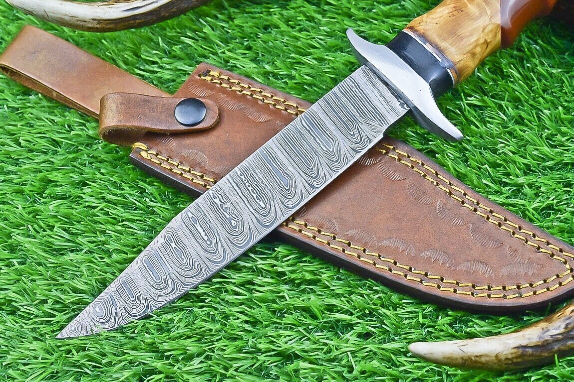 12 Inch Damascus Bowie Hunting Knife with Resin and Olive Wood Handle