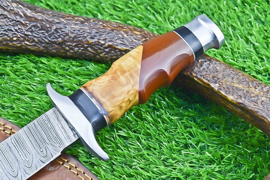12 Inch Damascus Bowie Hunting Knife with Resin and Olive Wood Handle