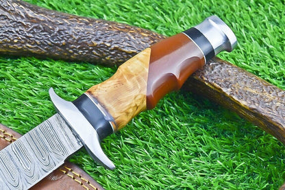 12 Inch Damascus Bowie Hunting Knife with Resin and Olive Wood Handle