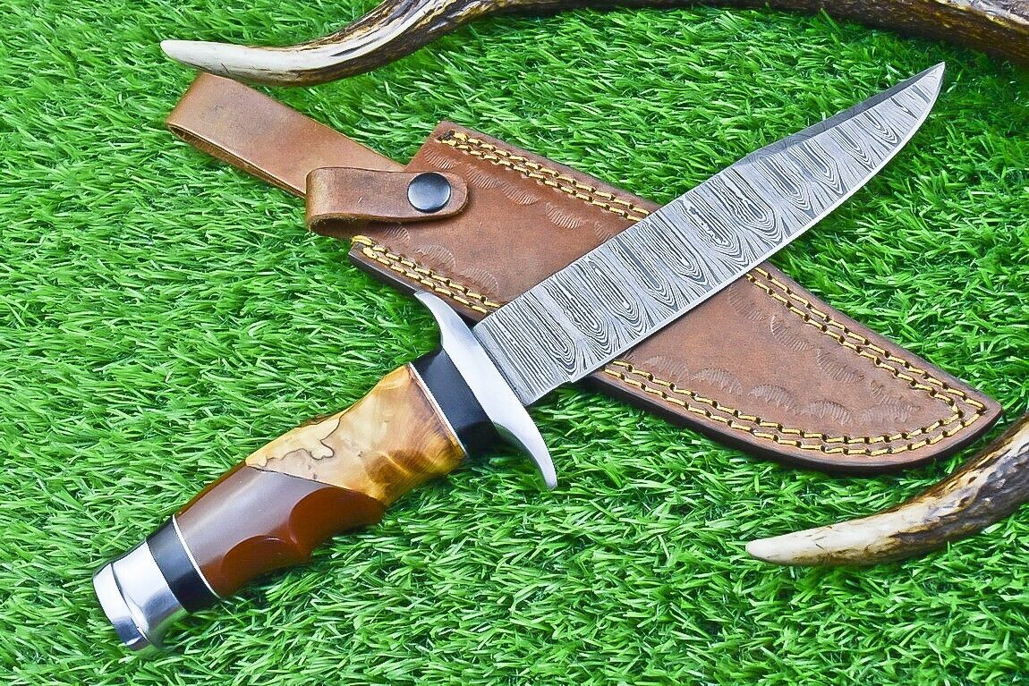 12 Inch Damascus Bowie Hunting Knife with Resin and Olive Wood Handle
