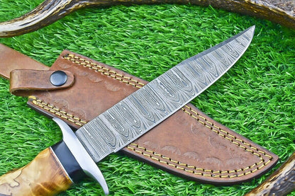 12 Inch Damascus Bowie Hunting Knife with Resin and Olive Wood Handle