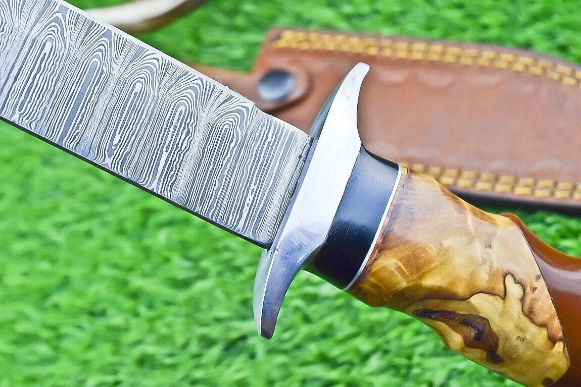 12 Inch Damascus Bowie Hunting Knife with Resin and Olive Wood Handle