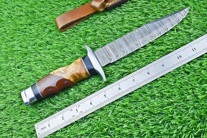 12 Inch Damascus Bowie Hunting Knife with Resin and Olive Wood Handle