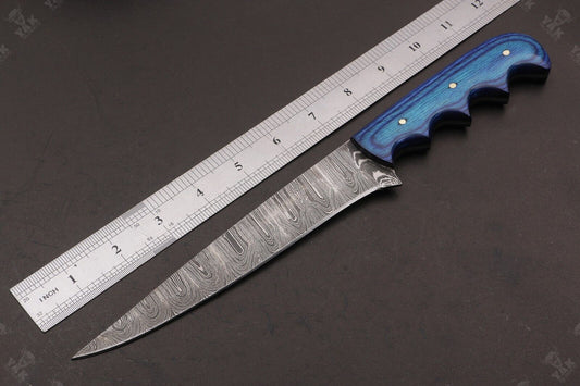 12.5" Hand Forged Damascus Fillet Knife Damascus Steel Fillet Knife With Leather Sheath