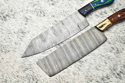 Set of 2 Handmade Damascus Steel Full Tang Chef Knives – Professional Kitchen Knife Set