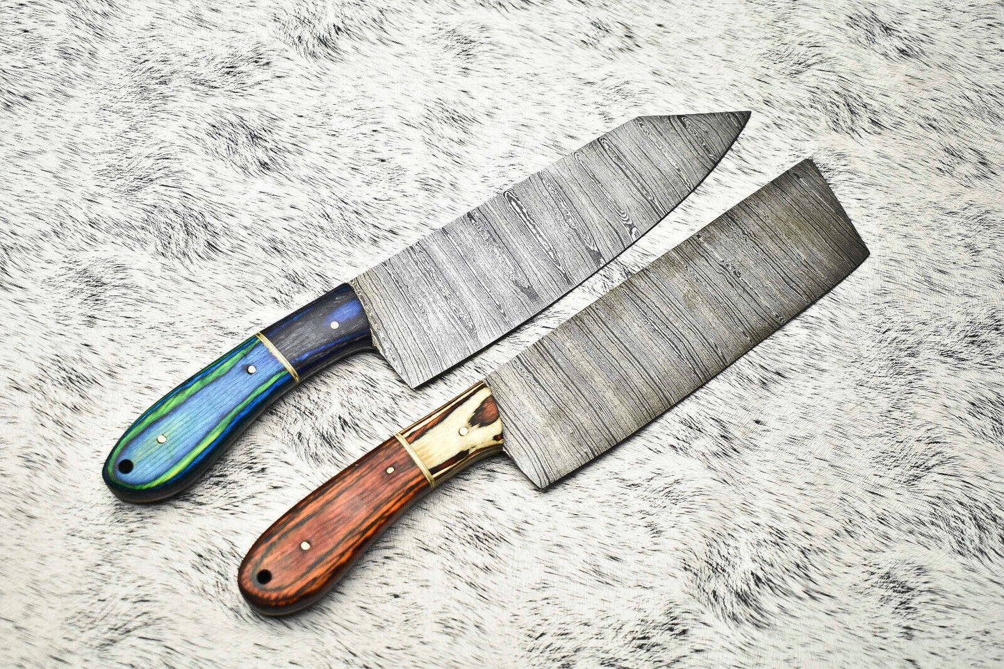 Set of 2 Handmade Damascus Steel Full Tang Chef Knives – Professional Kitchen Knife Set