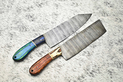 Set of 2 Handmade Damascus Steel Full Tang Chef Knives – Professional Kitchen Knife Set