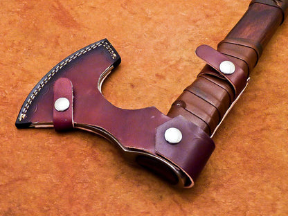 Hand Forged Viking Bearded Axe Carbon Steel Hatchet with Natural Wood Handle and Leather Sheath