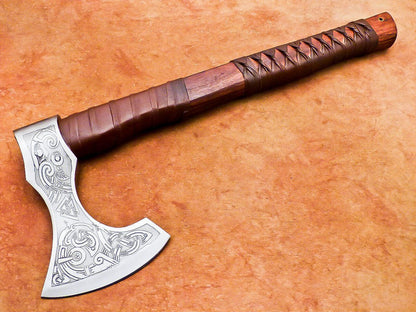 Hand Forged Viking Bearded Axe Carbon Steel Hatchet with Natural Wood Handle and Leather Sheath