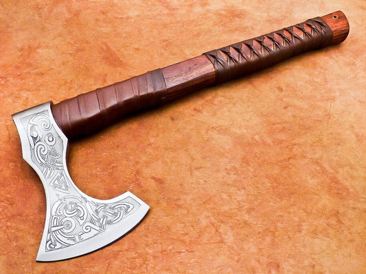 Hand Forged Viking Bearded Axe Carbon Steel Hatchet with Natural Wood Handle and Leather Sheath