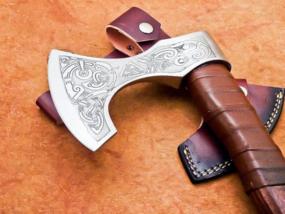 Hand Forged Viking Bearded Axe Carbon Steel Hatchet with Natural Wood Handle and Leather Sheath