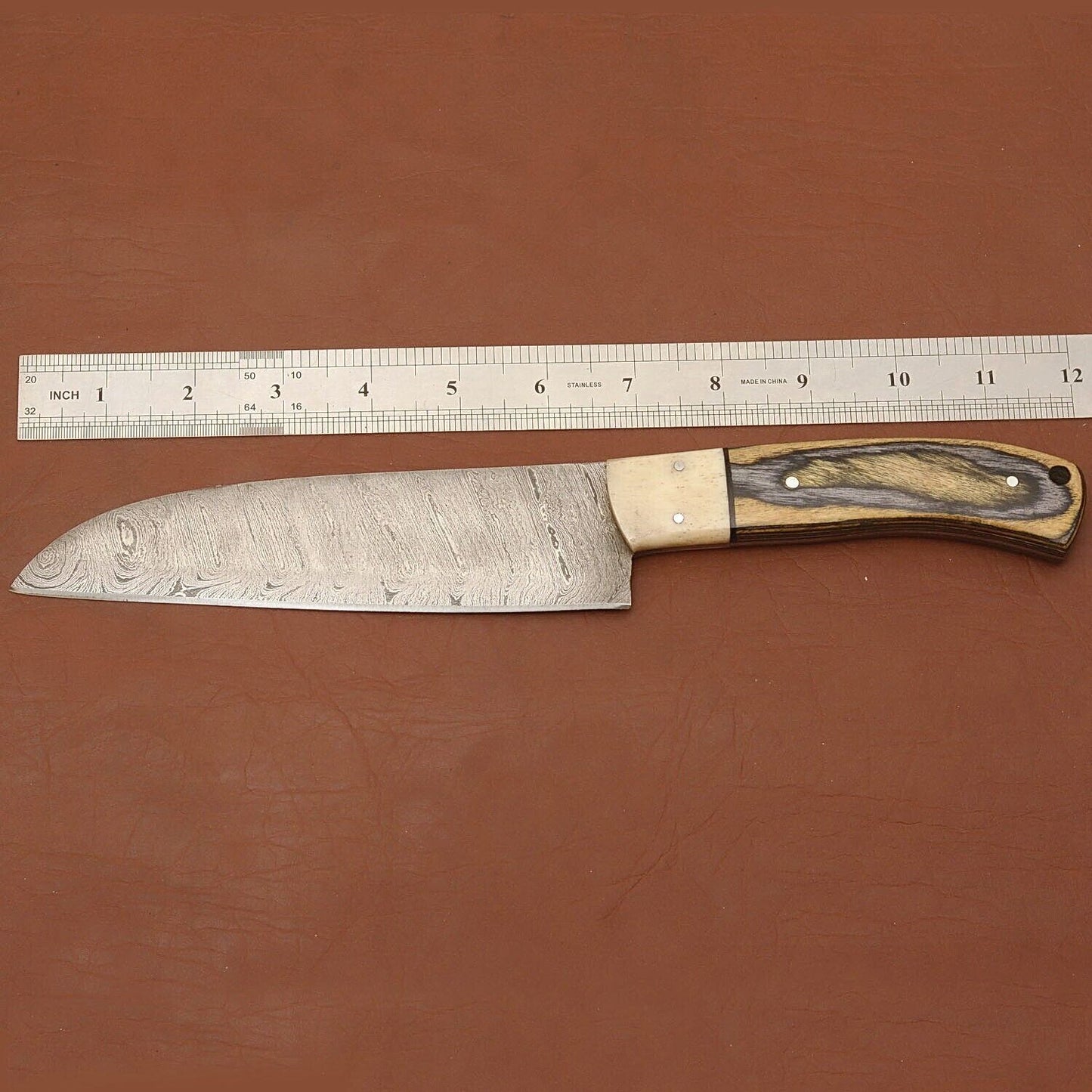 Premium Handmade Damascus Steel Kitchen Chef Knife – Full Tang Wood Handle with Leather Sheath