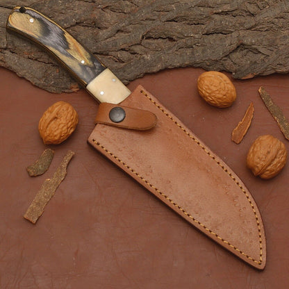 Premium Handmade Damascus Steel Kitchen Chef Knife – Full Tang Wood Handle with Leather Sheath