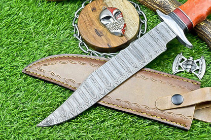 14" Premium Handmade Damascus Bowie Knife – Camel Bone & Resin Handle with Leather Sheath