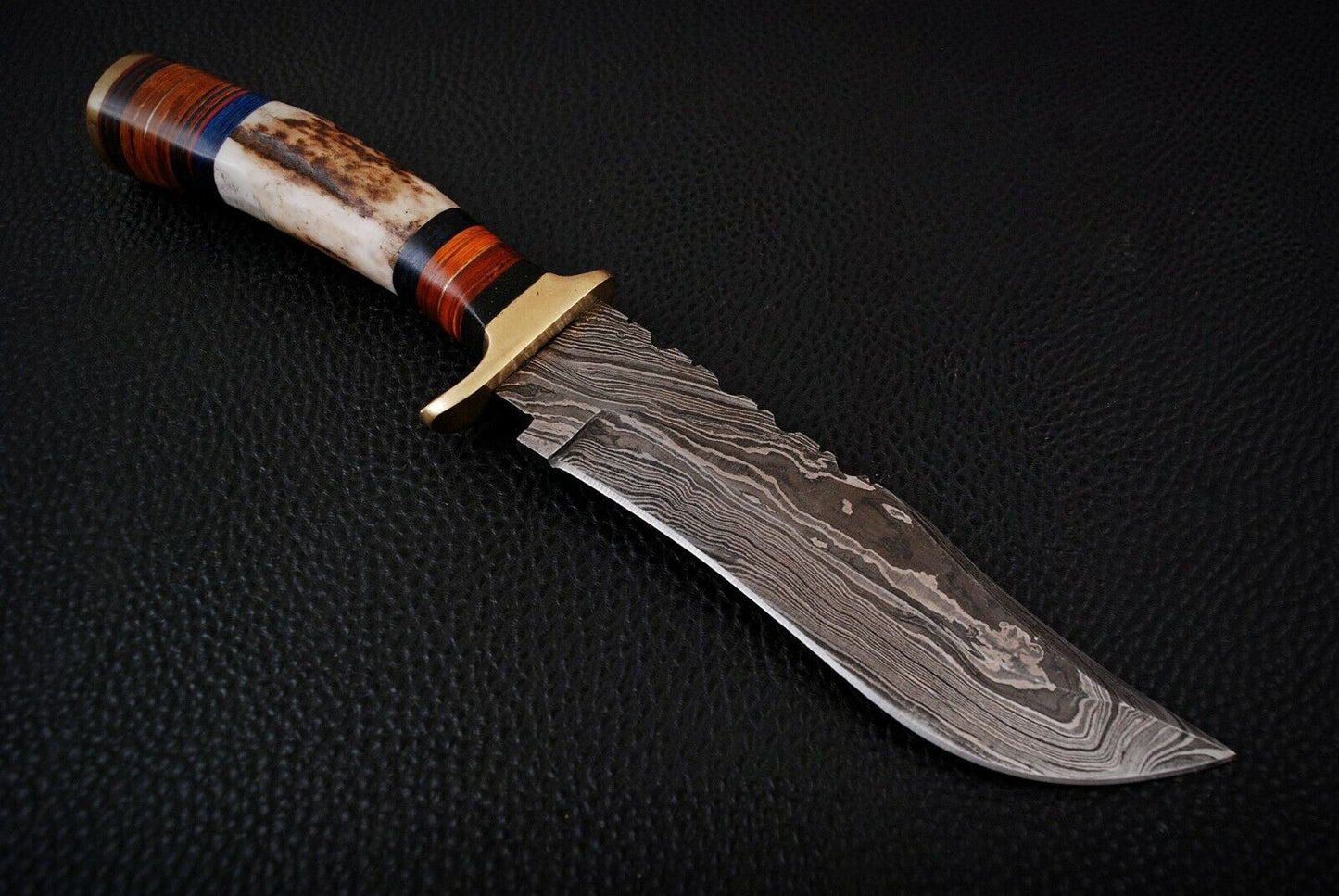 Heritage Forge 10 Inch Custom Damascus Hunting Knife with Stag Antler Handle