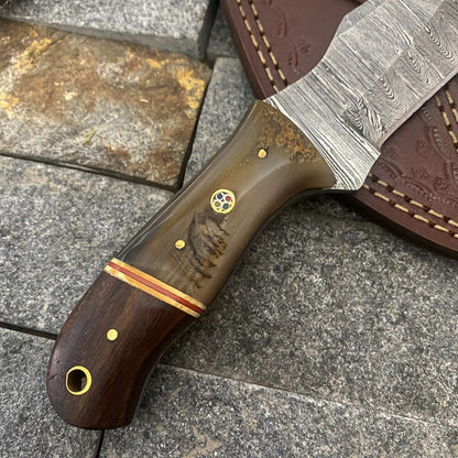8" Damascus Steel Bowie Knife with Ram Horn & Wood Handle