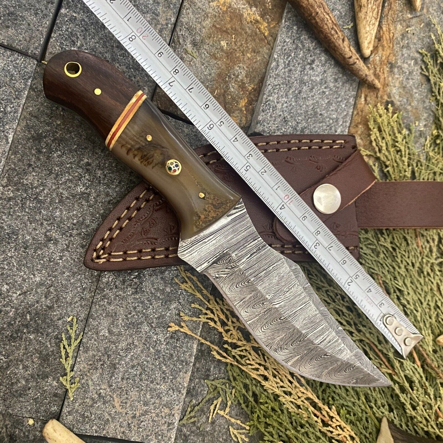 8" Damascus Steel Bowie Knife with Ram Horn & Wood Handle