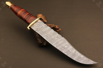 Hand Forged Damascus Bowie Knife with Wood Handle by Heritage Forge