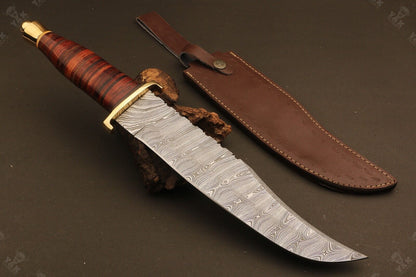 Hand Forged Damascus Bowie Knife with Wood Handle by Heritage Forge