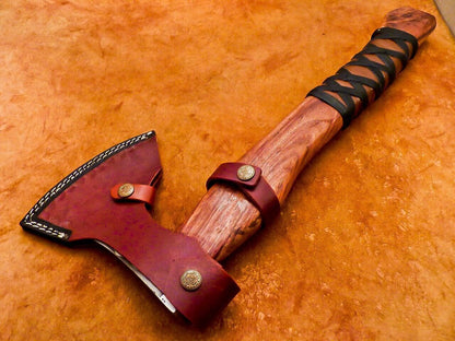 Custom Hand Forged Viking Bearded Hatchet Tomahawk Axe with Natural Wood Handle and Leather Sheath