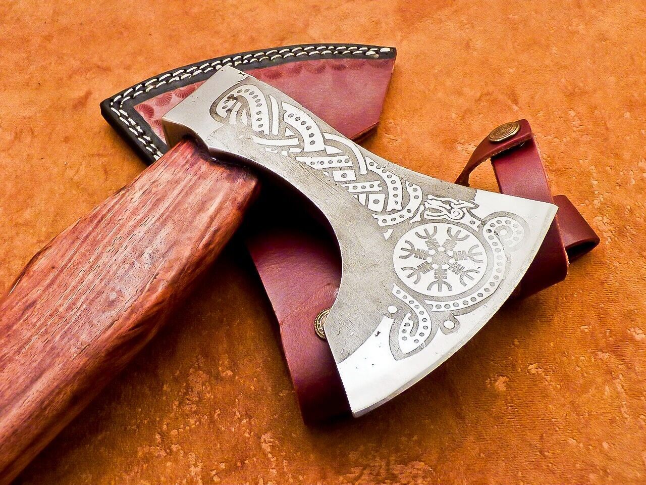 Custom Hand Forged Viking Bearded Hatchet Tomahawk Axe with Natural Wood Handle and Leather Sheath