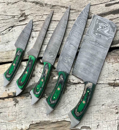 Heritage Forge Custom Handmade Twist Damascus Steel Chef Knife Set