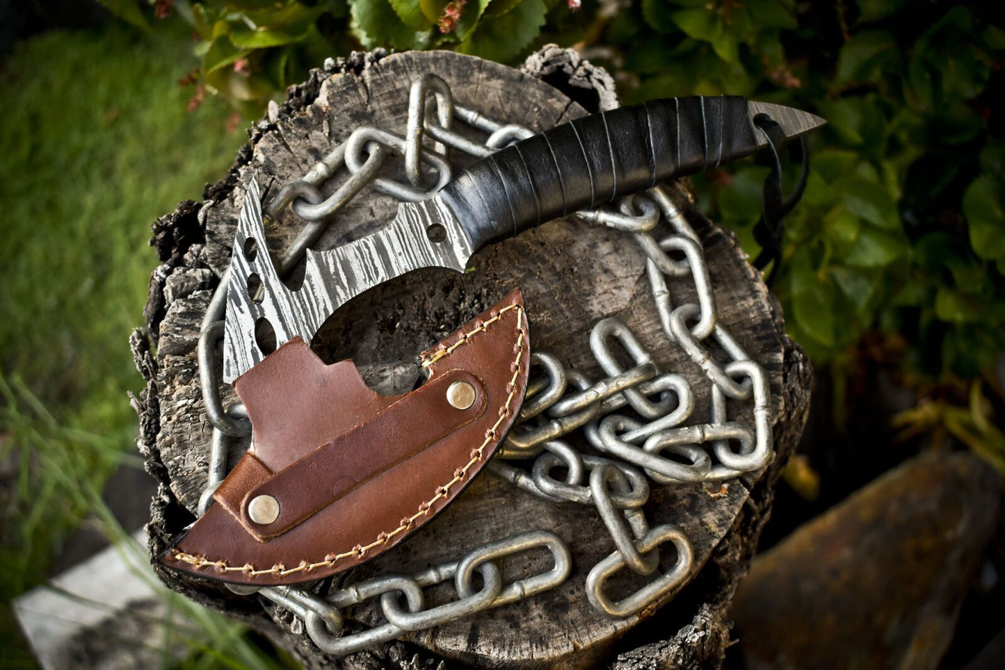 Clever Chopper Axe Knife Twist Damascus Steel with Leather Wrapped Wootz Handle and Sheath