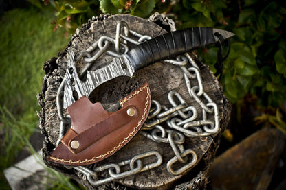Clever Chopper Axe Knife Twist Damascus Steel with Leather Wrapped Wootz Handle and Sheath
