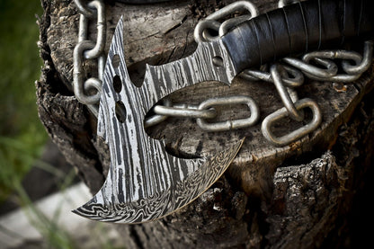 Clever Chopper Axe Knife Twist Damascus Steel with Leather Wrapped Wootz Handle and Sheath