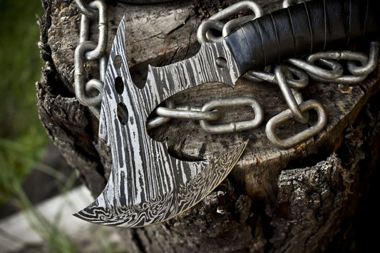 Clever Chopper Axe Knife Twist Damascus Steel with Leather Wrapped Wootz Handle and Sheath
