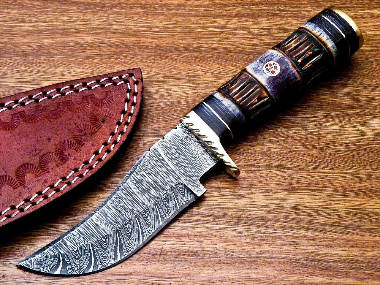8" Custom Handmade Damascus Steel Bowie Knife – Engraved Camel Bone & Wood Handle