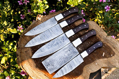 Handmade Damascus Steel BBQ Kitchen Chef Knife Set | 384 Layers, Cowhide Sheaths
