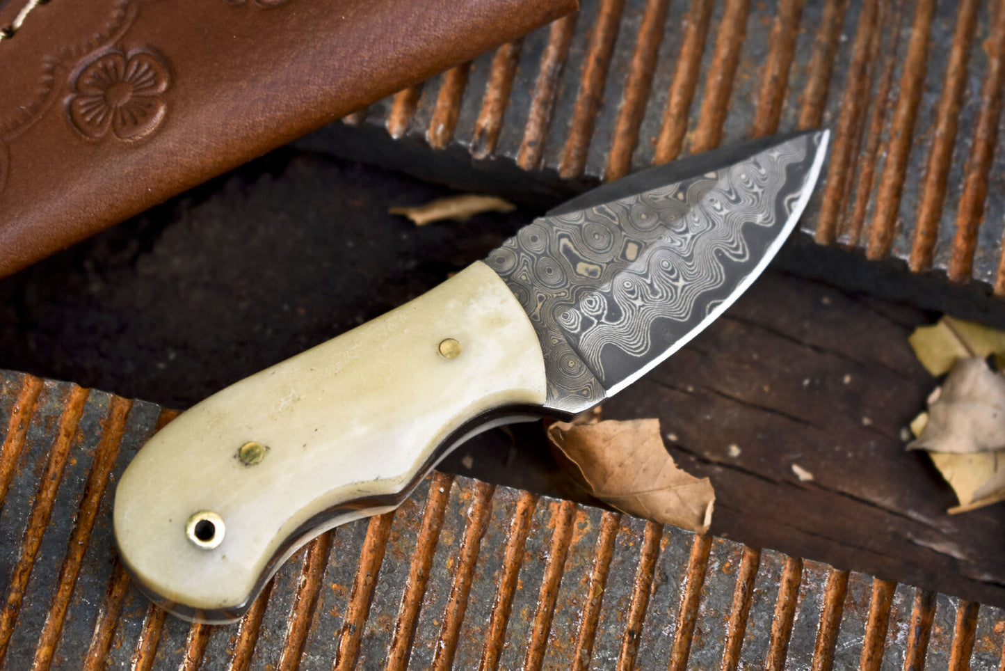 Miniature Rain Drop Damascus Skinner Knife with Bone Handle – Hand Forged Collectible
