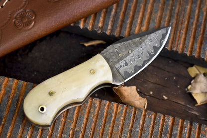Miniature Rain Drop Damascus Skinner Knife with Bone Handle – Hand Forged Collectible