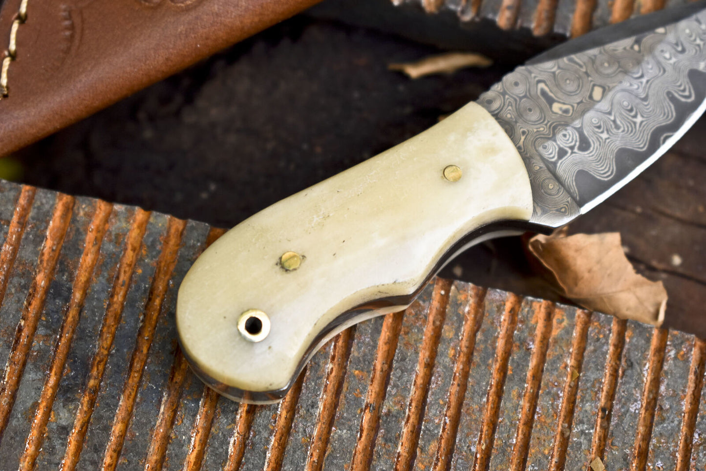 Miniature Rain Drop Damascus Skinner Knife with Bone Handle – Hand Forged Collectible