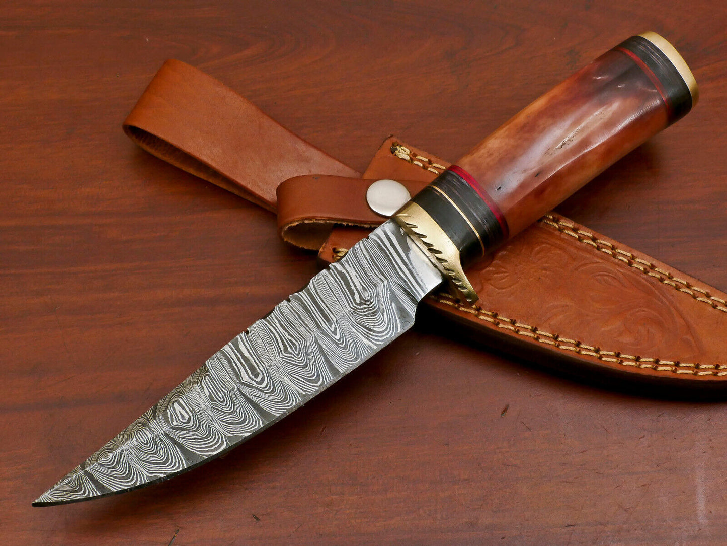 10 Inch Custom Damascus Steel Hunting Knife with Camel Bone and Pakka Wood Handle Brass Guard