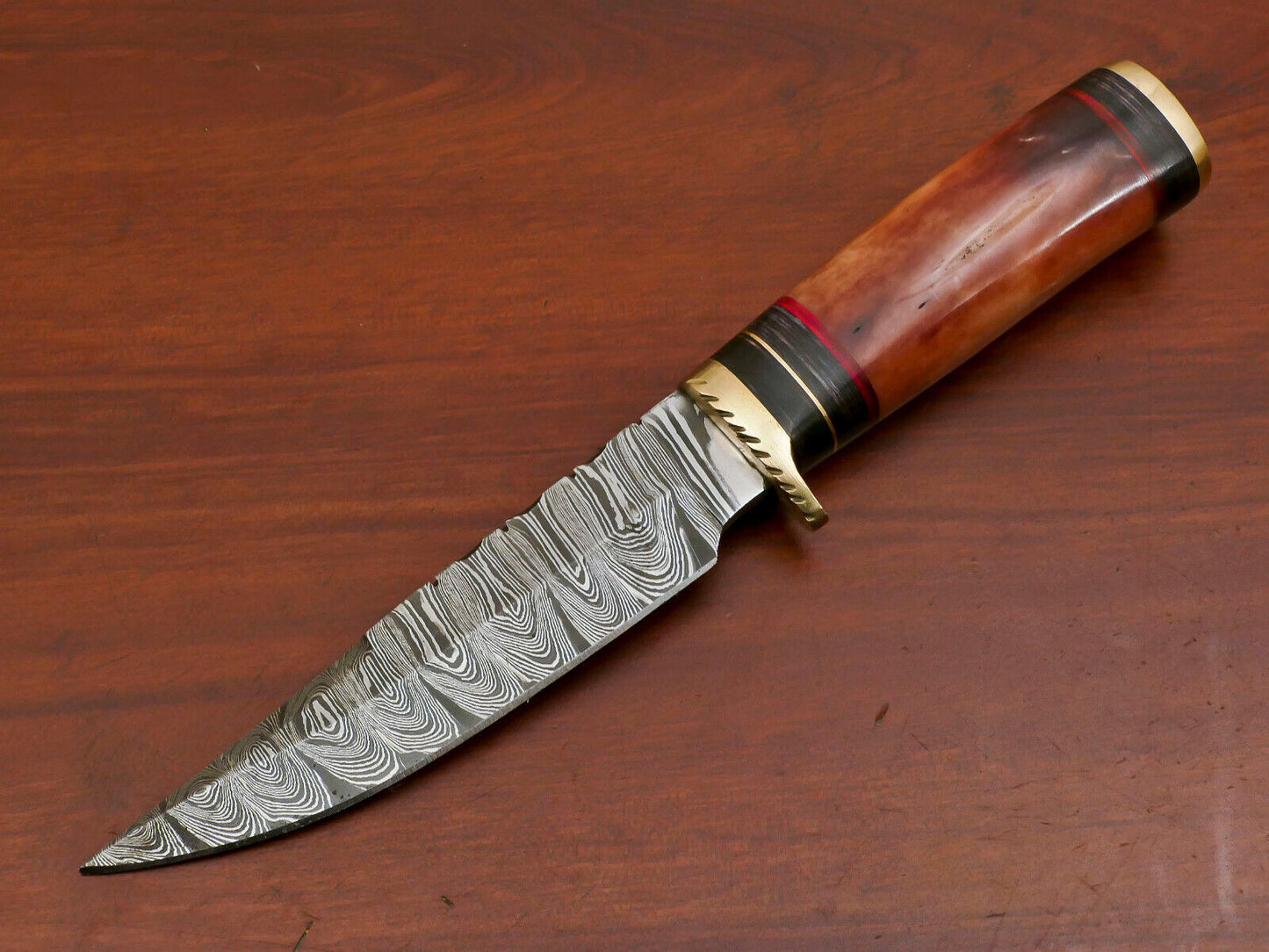 10 Inch Custom Damascus Steel Hunting Knife with Camel Bone and Pakka Wood Handle Brass Guard