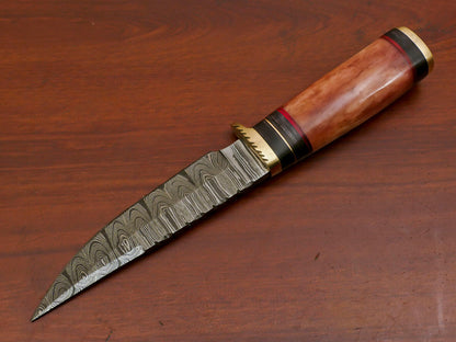 10 Inch Custom Damascus Steel Hunting Knife with Camel Bone and Pakka Wood Handle Brass Guard