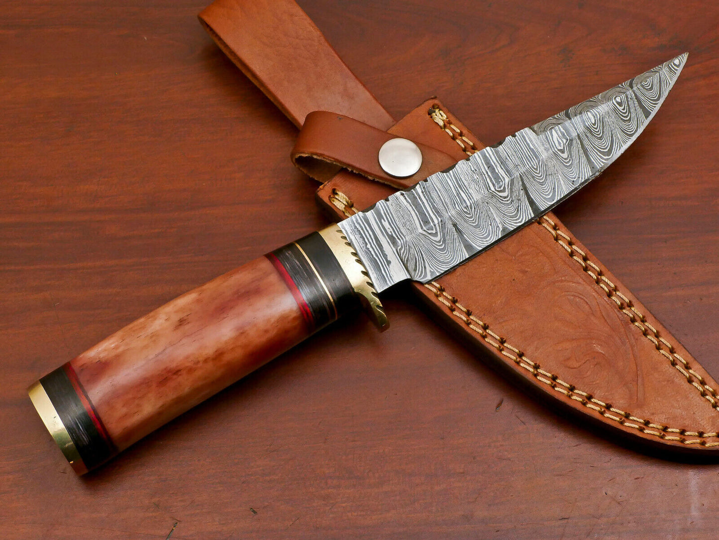 10 Inch Custom Damascus Steel Hunting Knife with Camel Bone and Pakka Wood Handle Brass Guard