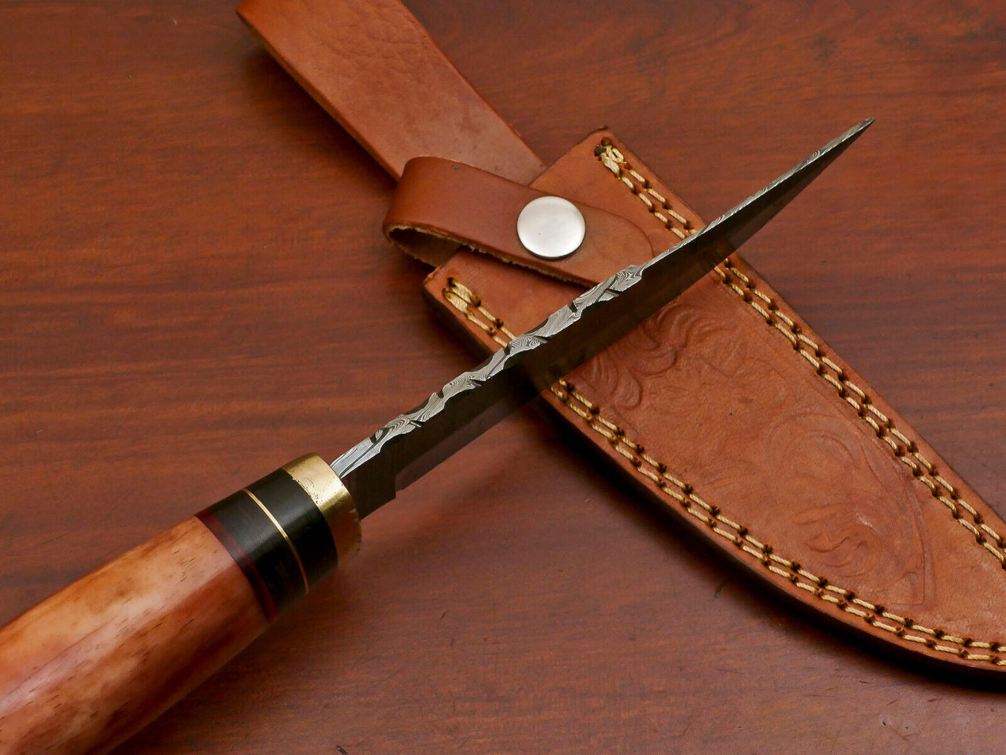 10 Inch Custom Damascus Steel Hunting Knife with Camel Bone and Pakka Wood Handle Brass Guard