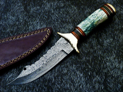 11" Handmade Damascus Steel Bowie Knife – Stained Bone & Hardwood Handle with Leather Sheath