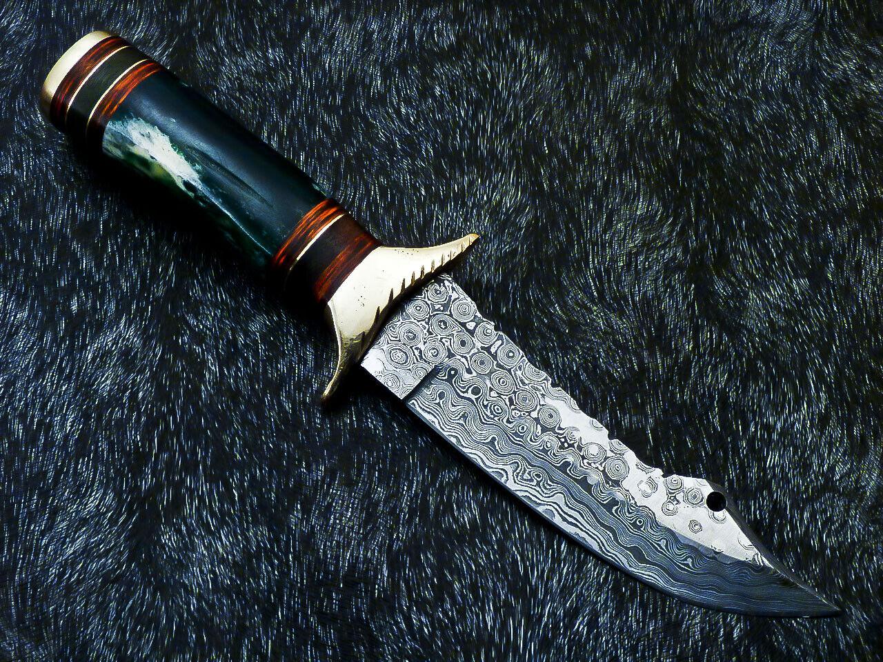 11" Handmade Damascus Steel Bowie Knife – Stained Bone & Hardwood Handle with Leather Sheath