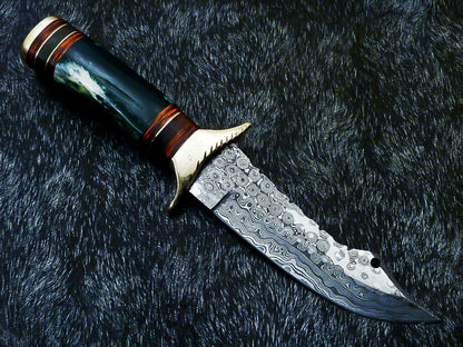 11" Handmade Damascus Steel Bowie Knife – Stained Bone & Hardwood Handle with Leather Sheath