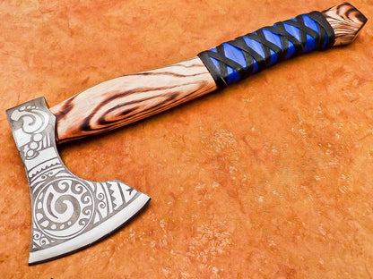 Hand Forged Steel Viking Bearded Camping Hatchet Tomahawk Axe with Natural Wood Handle and Leather Sheath
