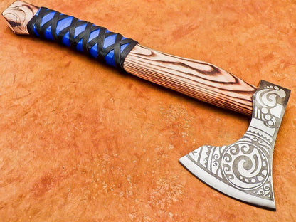 Hand Forged Steel Viking Bearded Camping Hatchet Tomahawk Axe with Natural Wood Handle and Leather Sheath