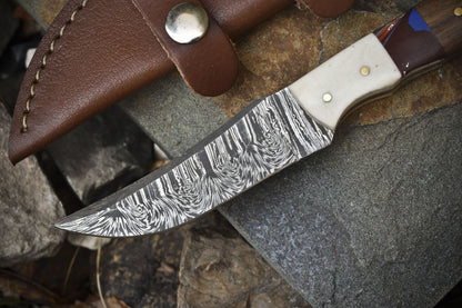 8.0" Twist Damascus Skinner Knife with Walnut Wood Handle – Custom Handmade Camping Knife