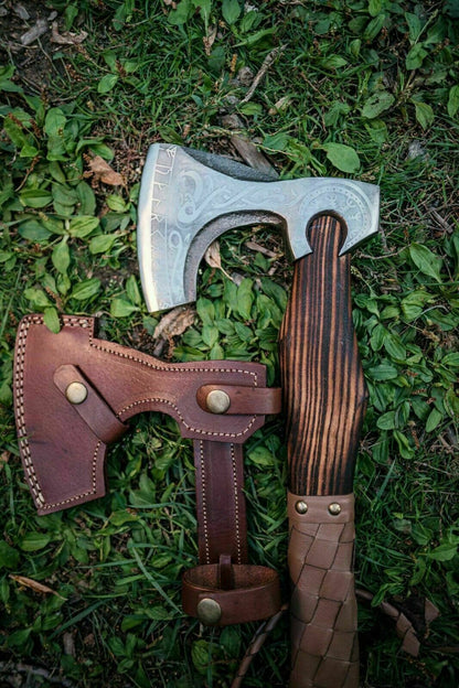 Handmade Carbon Steel Viking Bearded Axe with Ash Wood Handle and Leather Sheath – Custom Engraved Gift