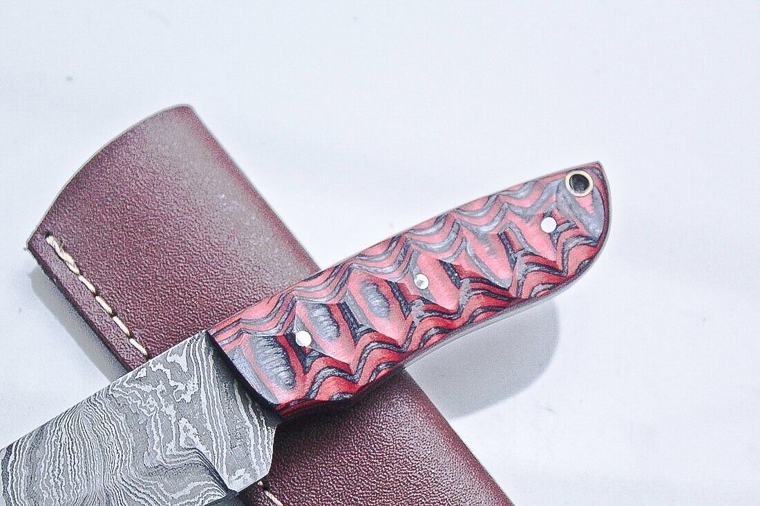 Custom Handmade Damascus Skinner Knife with Paka Wood Handle and Leather Sheath